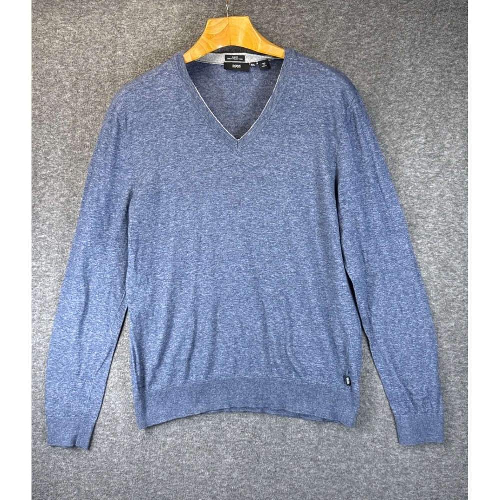 BOSS Hugo B V-Neck Sweater Mens XXL Elbow Blue Slim Fit Italian Yarn Runs Small